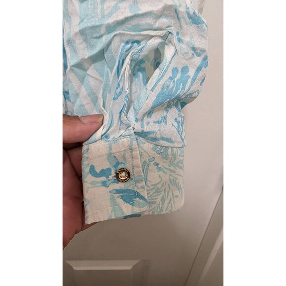 Lilly Pulitzer Blue & White Button-Down Tunic Tropical Print Roll-Up Sleeves Siz - Picture 5 of 8